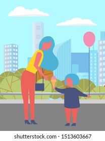 People in town vector, mother caring for child holding inflatable balloons for celebration of occasion. Cityscape and bushes of park, foliage nature environment. Urban view and citizen of city