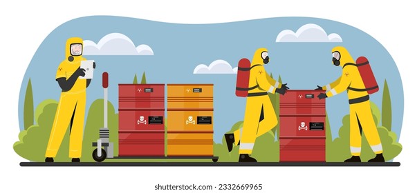 People with toxic waste concept. Workers in protective suits near waste colorful barrels. Pollution of nature and ecology, radiation and chemical trash. Cartoon flat vector illustration