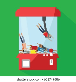 people toy prize claw crane machine cartoon isolated catch or capture one person or man of many employees on a flat design style illustration. control and Plays in people's lives