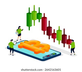 People trade cryptocurrency with bitcoin apps and monitor candlestick charts showing up and down trends in real-time for finance and investment analysis