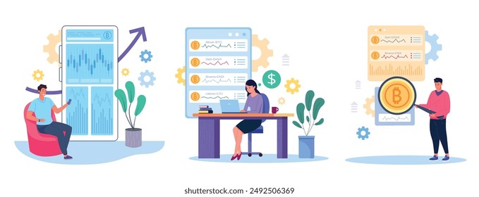 People trade cryptocurrency. Crypto currency exchange or coin investment, virtual money mining financial market online business trading in cyberspace concept vector illustration authors graphics