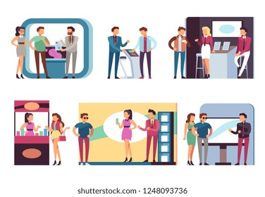 People at trade expo. Men and women at product demonstration stands and event booths on exhibition. Vector set