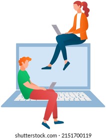 People traders sitting on big laptop and working. Colleagues while working with technology. Employees analyze data, search on Internet. Characters use electronic devices, equipment at workplace