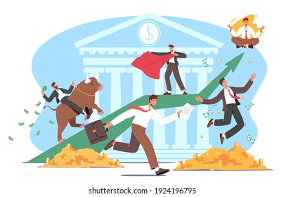 People Trading on Bull Stock Market. Businesspeople Brokers or Traders Characters Analyse Global Fond and Finance News for Buying and Selling Bonds on Rising Price. Cartoon Vector Illustration