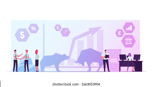 People Trading at Stock Market. Businesspeople Brokers or Traders Analyse Global Economics and Finance News for Buying and Selling Bonds and Currency. Bears and Bulls. Cartoon Flat Vector Illustration