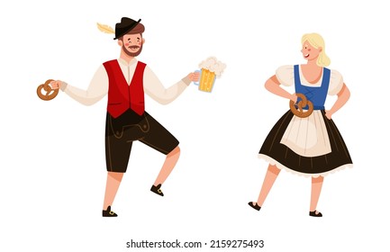 People in traditional Bavarian clothes celebrating Oktoberfest beer festival. Man and woman dancing vector illustration