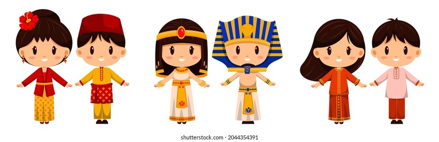People in Traditional Clothing character. International dress represents the culture of peoples around the world through national costumes. Indonesia, Egypt, Myanmar,
