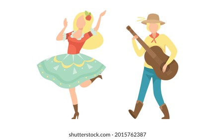 People in Traditional Costumes Dancing and Playing Guitar at Folklore Brazil June Festival, Festa Junina Cartoon Vector Illustration