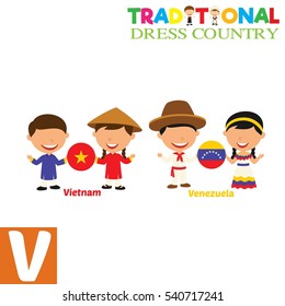 People in Traditional Dress Country Alphabet with V Letter.