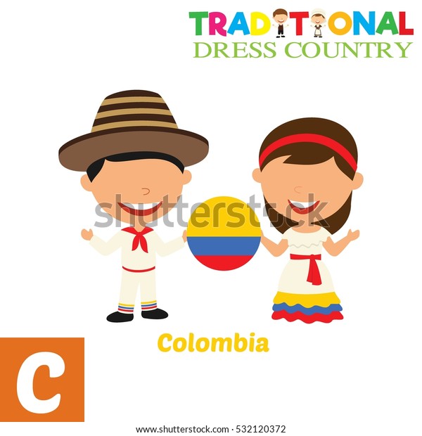 People In Traditional Dress Country Alphabet. C Letter For Colombia