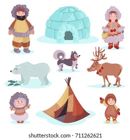 People in traditional eskimos costume and arctic animals set, life in the far north colorful vector Illustrations