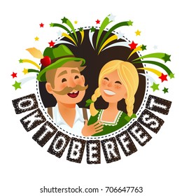 People in traditional german bavarian costume holding beer mugs oktoberfest cartoon vector illustration