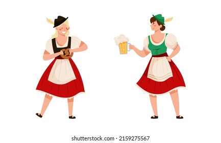 People in traditional German clothes celebrating Oktoberfest beer festival. Waitress with mugs of beer vector illustration