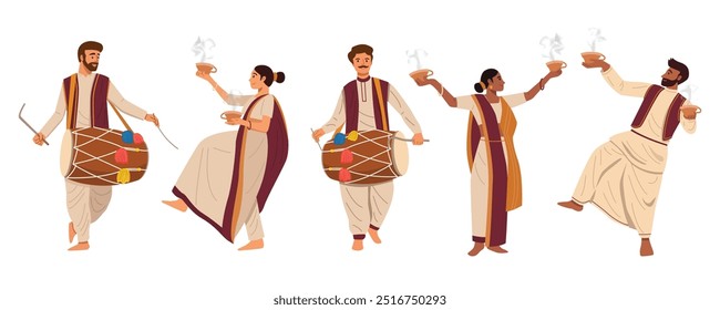 People in traditional Indian attire are playing drums and performing the Dhunuchi dance.