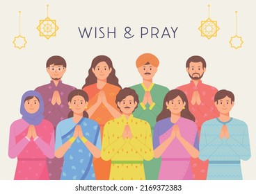 People in traditional Indian clothes are holding hands and praying. Crowd gathered for traditional Indian festival. flat design style vector illustration.