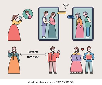 People in traditional Korean costumes greet. Because of the pandemic of the epidemic, they are making video calls and keeping their distance. flat design style minimal vector illustration.