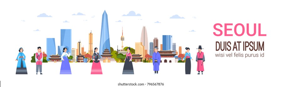 People In Traditional Korean Costumes Over Seoul City Skyline With Skyscrapers And Landmarks South Korea Cityscape Horizontal Banner Vector Illustration