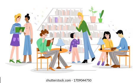 People in traditional library character flat line vector illustration concept. Familiar comfortable library interior, atmosphere, shelves with many books, men and women reading, kid talk to librarian