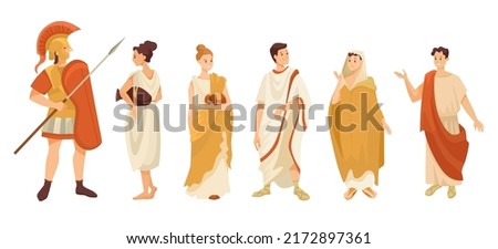 People in traditional Roman clothes vector illustrations set. Adult male and female characters in togas or tunics, gladiator isolated on white background. History, Ancient Rome or Greece concept