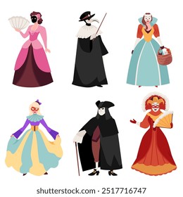 People in traditional Venice carnival costumes vector flat illustrations set. Cartoon Plague Doctor, Bauta, princess, woman cat characters theatrical outfit. Venetian masquerade festival