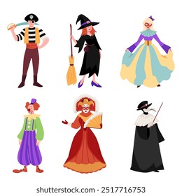 People in traditional Venice carnival costumes vector flat illustrations set. Cartoon Plague Doctor, clown, pirate, witch, princess characters theatrical outfit. Venetian masquerade festival