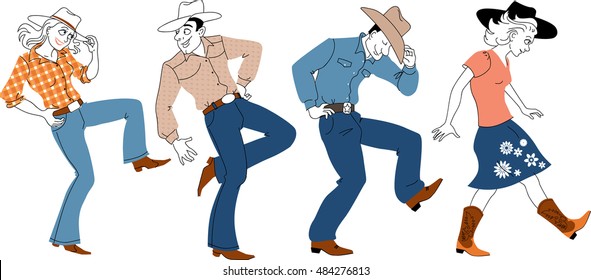 People in traditional western clothes dancing country-western style, EPS 8 vector illustration
