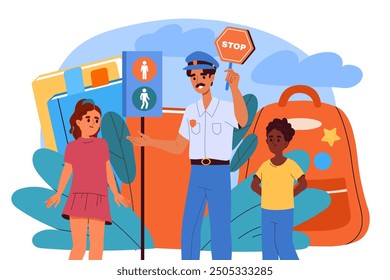 People with traffic rules. Police officer showing boy and girl stop sign. Educational materials and infographics. Safety regulations. Flat vector illustration isolated on white background