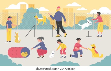 People train dogs outdoor, men and women spend time with pets flat style, vector illustration. Care of animals, command lessons, different poses of dogs. Give paw, jump and sit commands