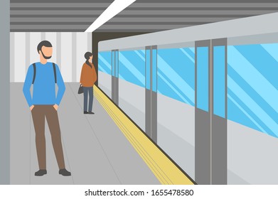 Gente y tren en la estación de metro. Diseño plano. Ilustración vectorial.