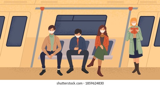 People in train on seat. Public transport, subway, bus. Characters with protective face masks. Social distancing in public place. New normal, pandemic, stop virus. Poster, landing page