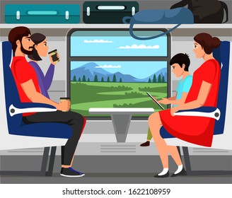 People train passengers. Cartoon characters chatting, talking. Adults, retired person and children travelling. Happy railway journey. Railroad travel scene. Vector flat illustration
