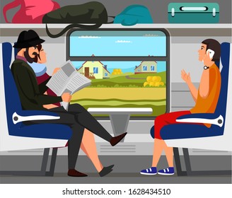 People train passengers. Cartoon characters chatting, talking. Adults, retired person and children travelling. Happy railway journey. Railroad travel scene. Vector flat illustration