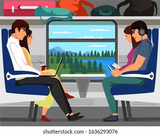 People train passengers. Cartoon characters chatting, talking. Adults, retired person and children travelling. Happy railway journey. Railroad travel scene. Vector flat illustration