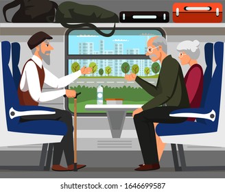 People train passengers. Cartoon characters chatting, talking. Adults, retired person and children travelling. Happy railway journey. Railroad travel scene. Vector flat illustration