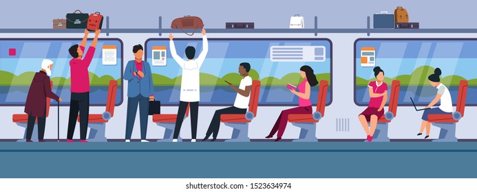 People in train. Public transport modern interior with different male and female cartoon characters on railroad. Vector urban people reading in subway near window against background nature flat banner