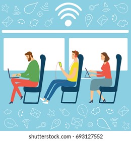 Gente en tren usando sus aparatos y teléfonos. Ilustraciones de tecnologías inalámbricas e Internet para su diseño.