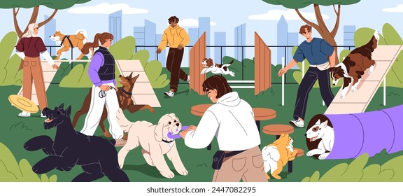 Personas de entrenamiento agilidad con cachorros en el parque de perros, parque infantil. Hombres y mujeres que caminan perritos de diferentes razas en el patio. Los Propietarias juegan con sus juguetonas mascotas al aire libre. Ilustración vectorial plana