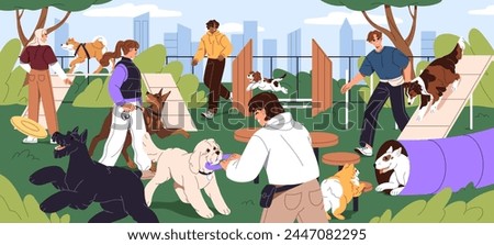 People training agility with puppies at dogs park, playground. Men and women walking doggies of different breeds at yard. Owners play with their playful pets outdoors. Flat vector illustration