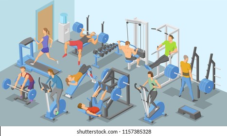 People and training apparatus in the gym, various types of physical exercises. Isometric flat vector illustration. Horizontal.