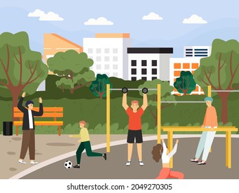People training in city park sport playground, vector illustration. Outdoor workout. Street exercises. Active lifestyle.