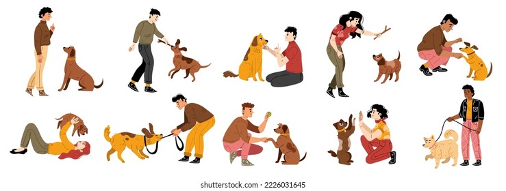 Gente entrenando perros, abrazando y jugando con cachorros. Los propietarios de mascotas caminan con perros sobre correa, juegan con ellos con bolas, palos, obediencia de tren, ilustración dibujada a mano vectorial aislada en fondo blanco