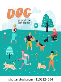 People Training Dogs in the Park. Dog Poster, Banner. Characters Walking Outside with Pets. Vector illustration