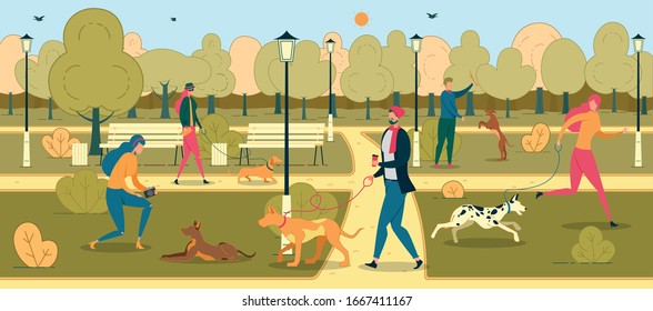 People Training Dogs in Park Flat Illustration. Cartoon Pet Owners Walking with Puppies in Recreation Area. Dog Lover Taking Photo of Pitbull. Woman with Dachshund. Teenager Playing with Dalmatian