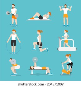 People training exercise bikes and cardio fitness treadmills with bench press icons collection flat isolated vector illustration