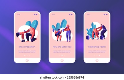 People Training Exercise in Gym Mobile App Page Onboard Screen Set. Fitness and Workout. Girl Train Plank with Dumbbell. Man Lift Barbell Website or Web Page. Flat Cartoon Vector Illustration