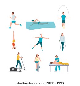 People training flat illustrations set. Healthy lifestyle. Male, female vector characters doing sports, yoga. Man swimming in pool isolated clipart. Woman exercising in gym. Jogging, aerobics