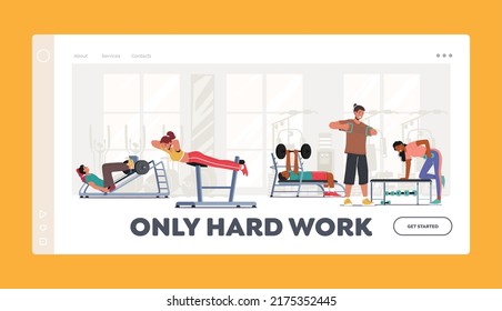 People Training in Gym Landing Page Template. Sport Activity, Healthy Life. Male and Female Characters Exercising with Professional Equipment Doing Workout with Weight. Cartoon Vector Illustration