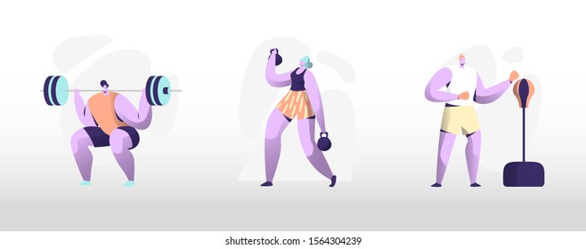 People Training in Gym. Male and Female Characters in Sports Wear Workout with Weight and Dumbbells Boxing Punching Bag. Training Exercises Sport Activity Healthy Life. Flat Vector Illustration