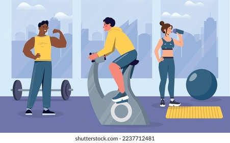 People training at gym. Man on exercise bike next to woman with dumbbell. Muscle strengthening and cardio training, fitness and sport. Active lifestyle and healthcare. Cartoon flat vector illustration