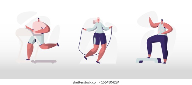 People Training in Gym Set. Male and Female Characters Engage Sport Activities Doing Exercises, Fitness Workout, Running, Jumping on Rope. Healthy Lifestyle Leisure. Cartoon Flat Vector Illustration